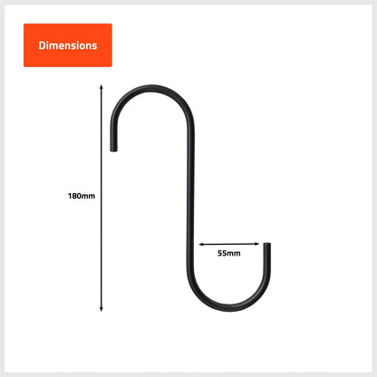 Taskmaster Black Steel S Hooks 180x55x6mm - 4 Pack, Durable Garage Storage Solution