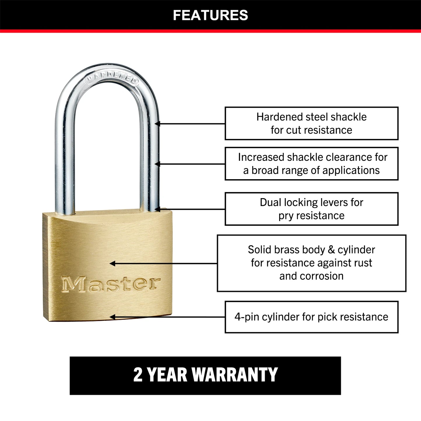 Master Lock 40mm Long Shackle Padlock 2 Pack, Brass Body, Hardened Steel Shackle