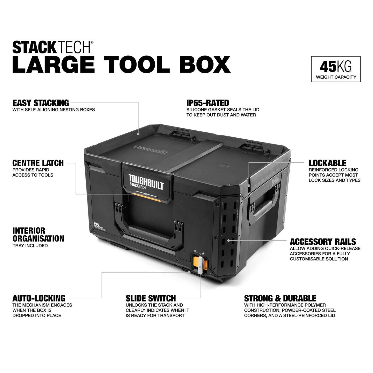 Toughbuilt StackTech Large Tool Box, Durable, Customizable, IP65, Auto-Locking, Easy Stacking
