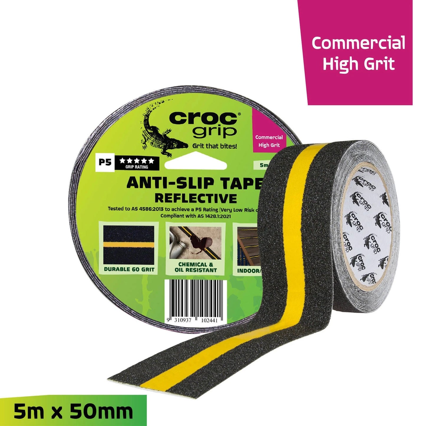 Croc Grip Reflective Anti-Slip Tape 5m x 50mm, P5 Rated, Indoor/Outdoor, Water-Resistant