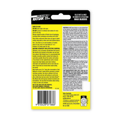 Ratsak 80g Fast Action Wax Blocks - Quick Rodent Control, Indoor/Outdoor Use