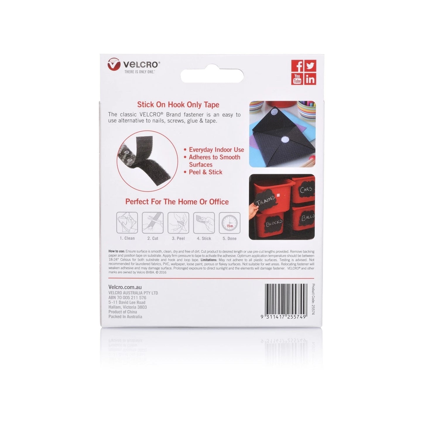 VELCRO® 25mm x 5m Black Stick On Hook Tape, Adhesive, Indoor Use, Durable Nylon