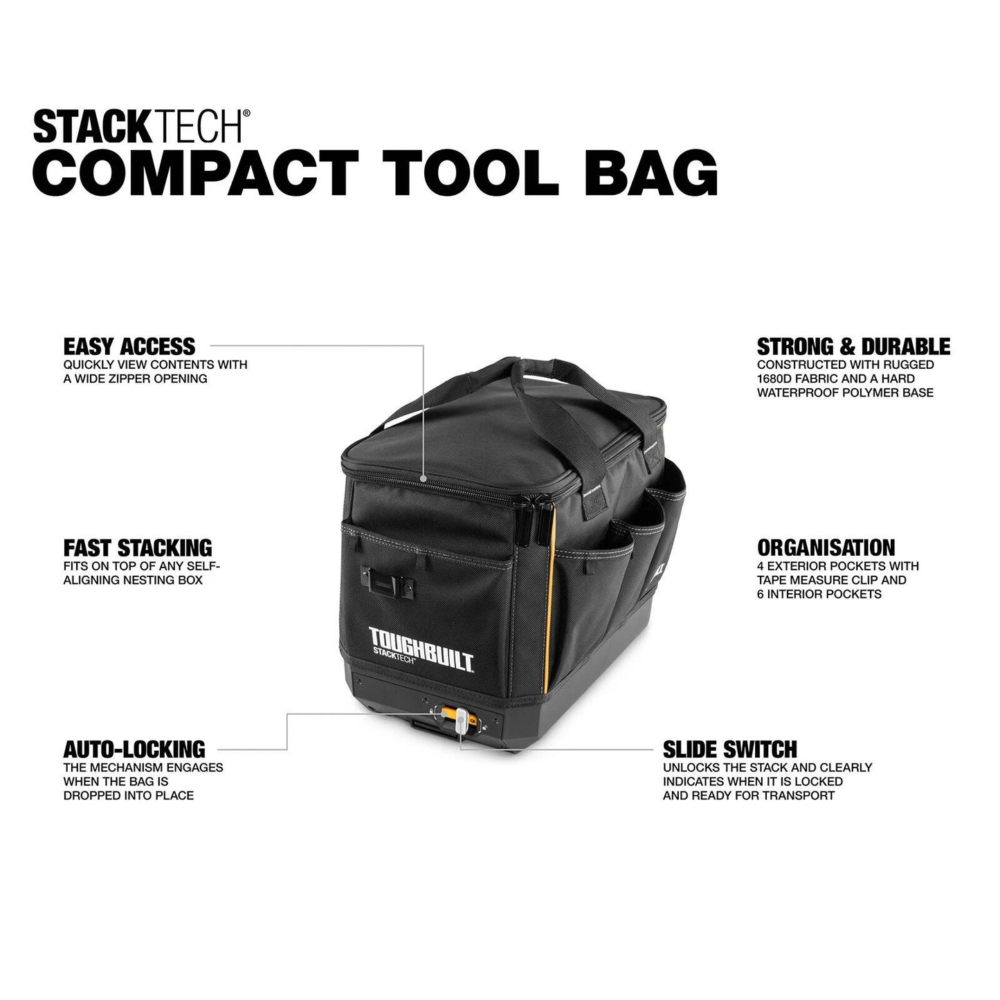 ToughBuilt StackTech Tool Bag, Fast Stacking, Auto-Locking, Durable 1680D Fabric, Waterproof Base
