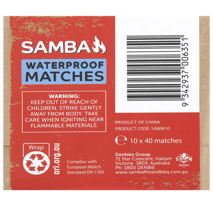 Samba Waterproof Matches - 10 Pack, 50mm Long, Reliable in Wet Conditions