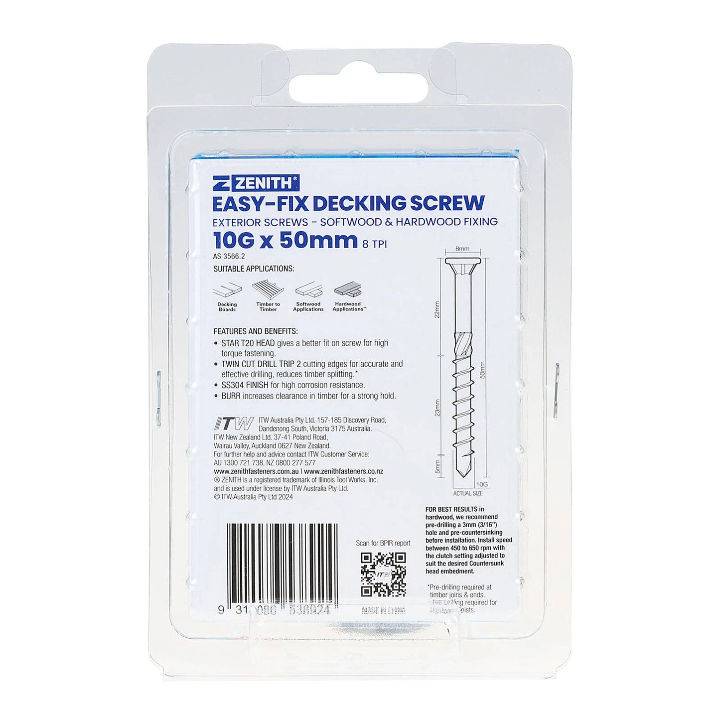 Zenith Easy-Fix SS304 Decking Screws T20 10G x 50mm, Corrosion-Resistant, 50 Pack