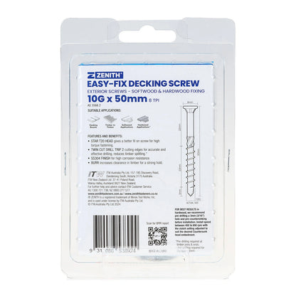 Zenith Easy-Fix SS304 Decking Screws T20 10G x 50mm, Corrosion-Resistant, 50 Pack