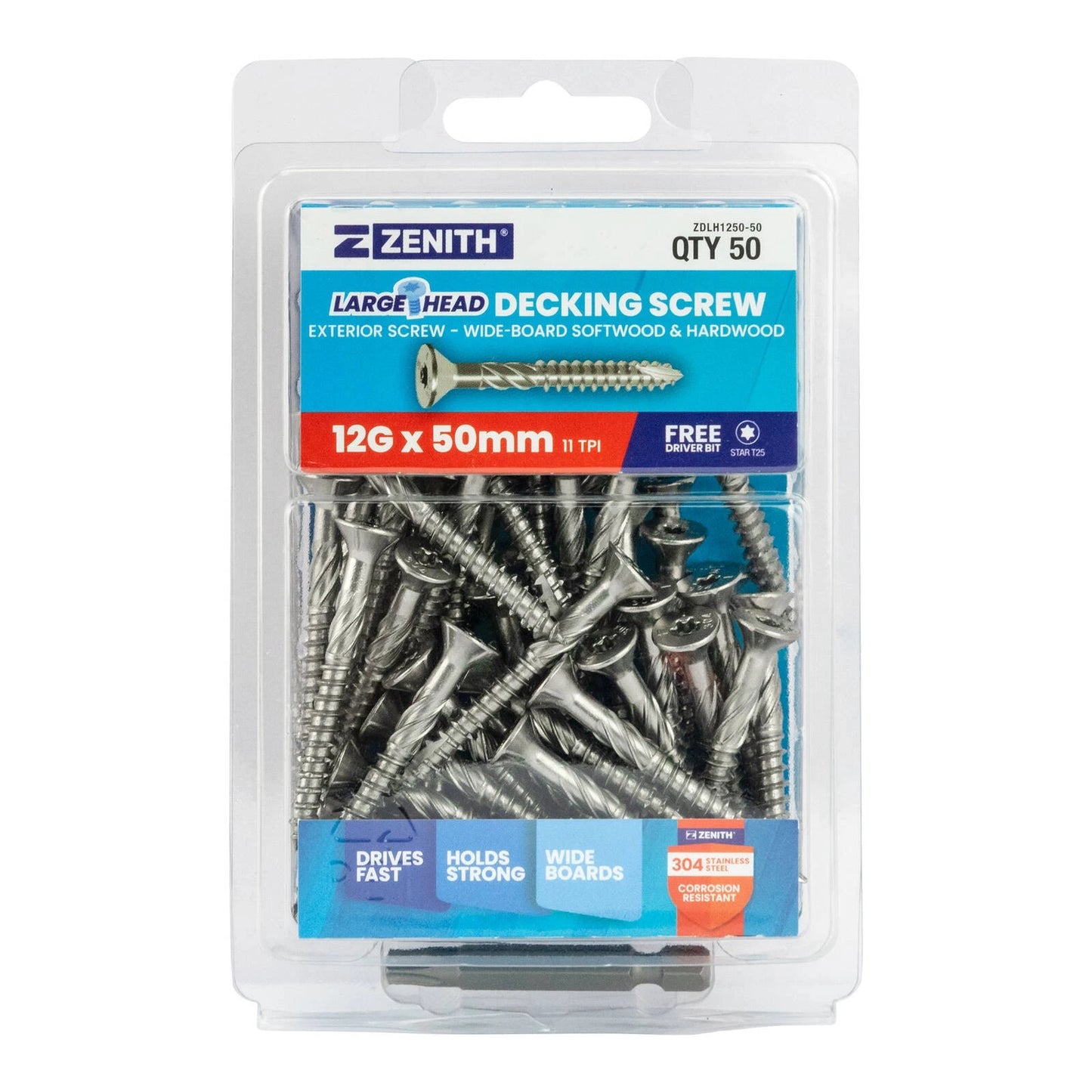 Zenith Stainless Steel Decking Screws T25 12G x 50mm, Large Head, 50 Pcs