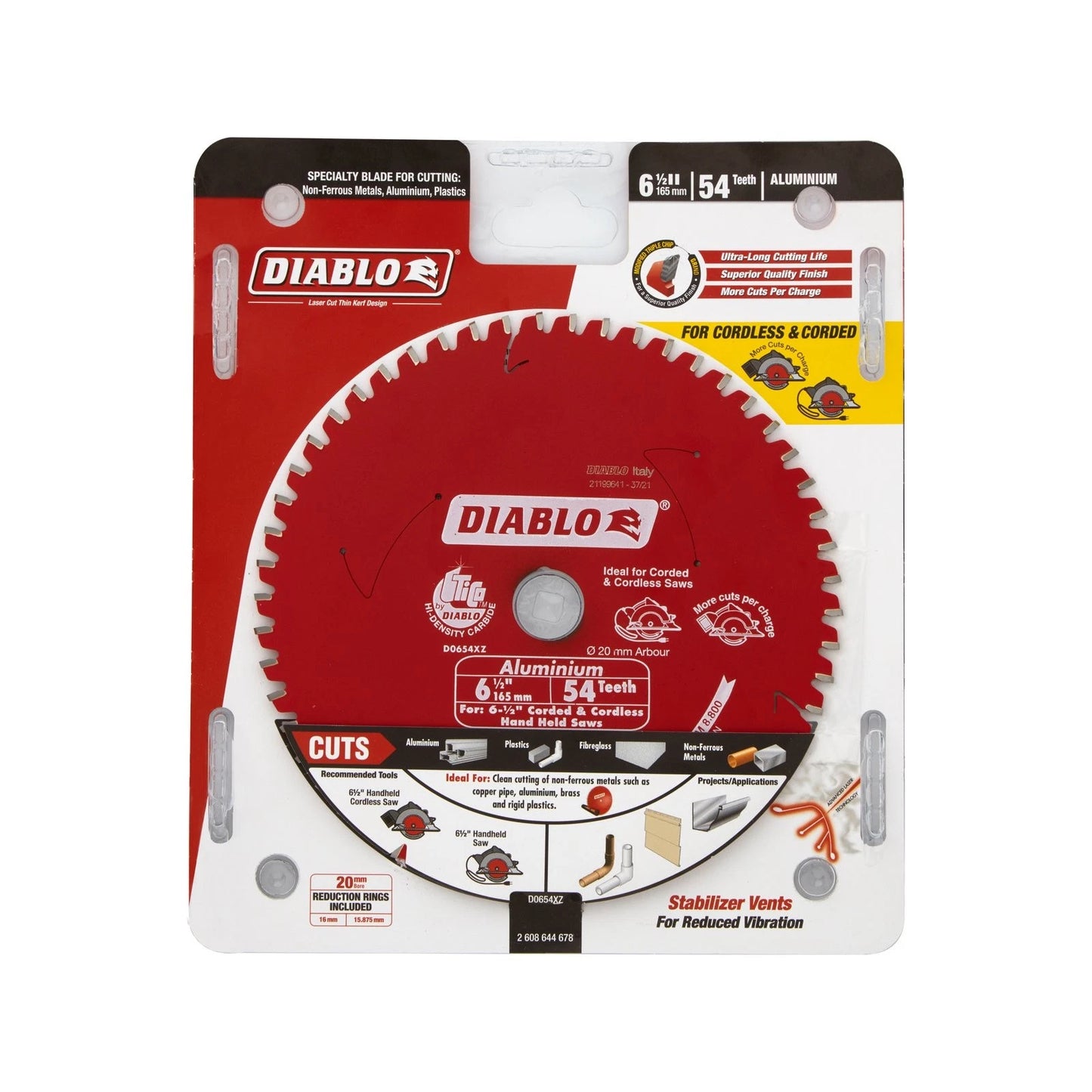 Diablo 165mm 54T Aluminium & Plast Circular Saw Blade, Tri-metal, TCG Teeth, Non-Ferrous