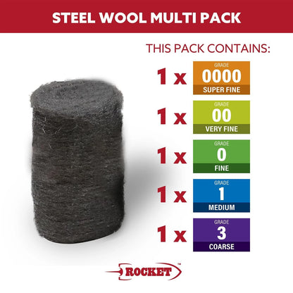 Rocket 100g Multipack Steel Wool - Multi-Grit, Versatile Cleaning & Restoration Tool