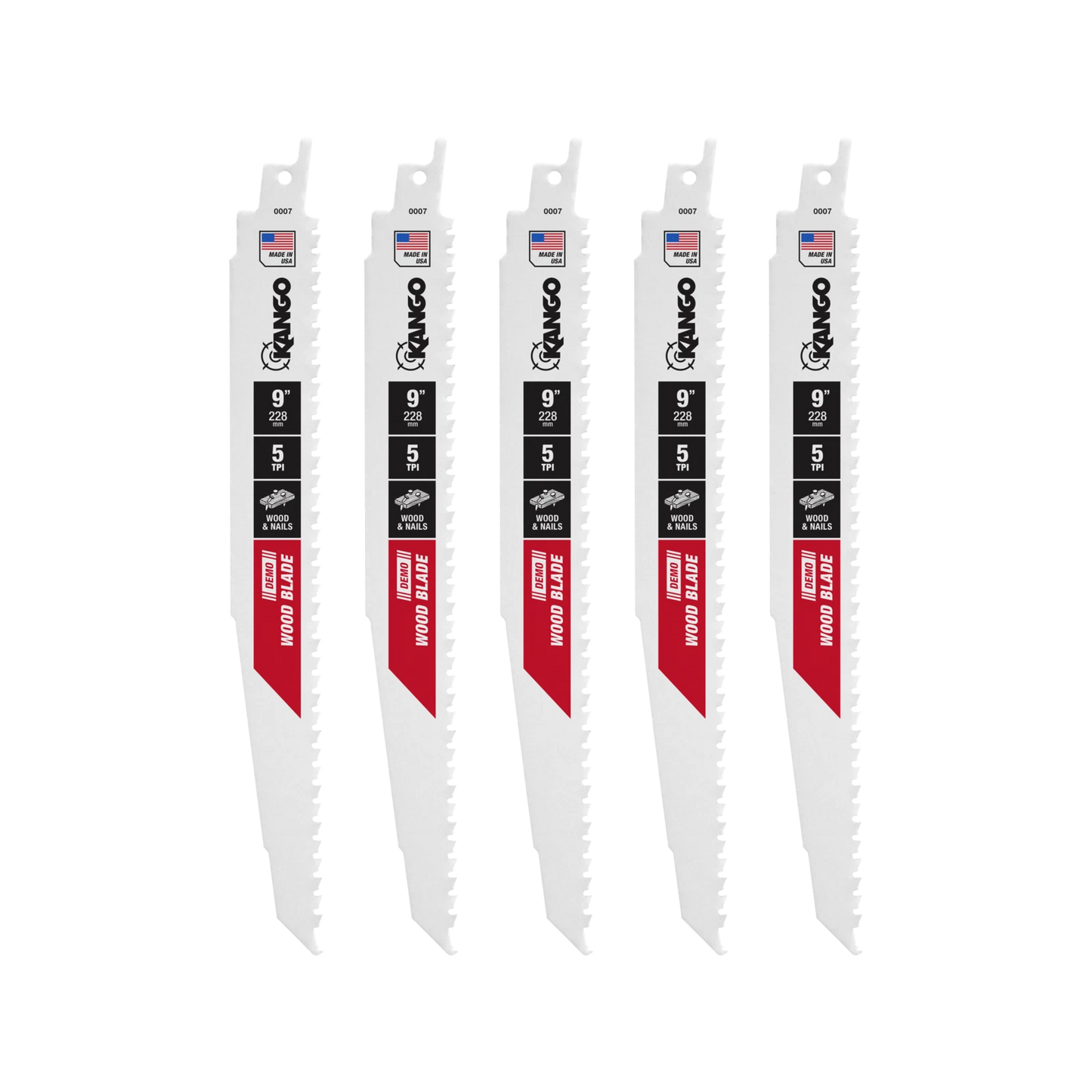 Kango 9” Wood Demo Reciprocating Saw Blade 5-Pack, 5 TPI, Sabre Tooth Design, Nail Protection