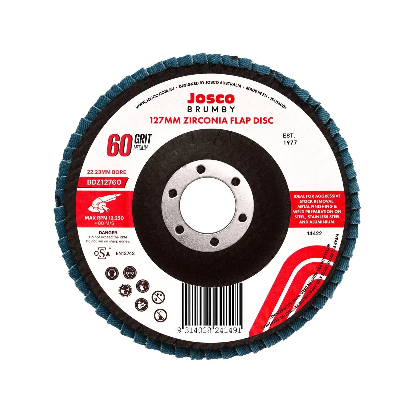 Josco 125mm Zirconia 60 Grit Abrasive Flap Disc for Metal & Wood