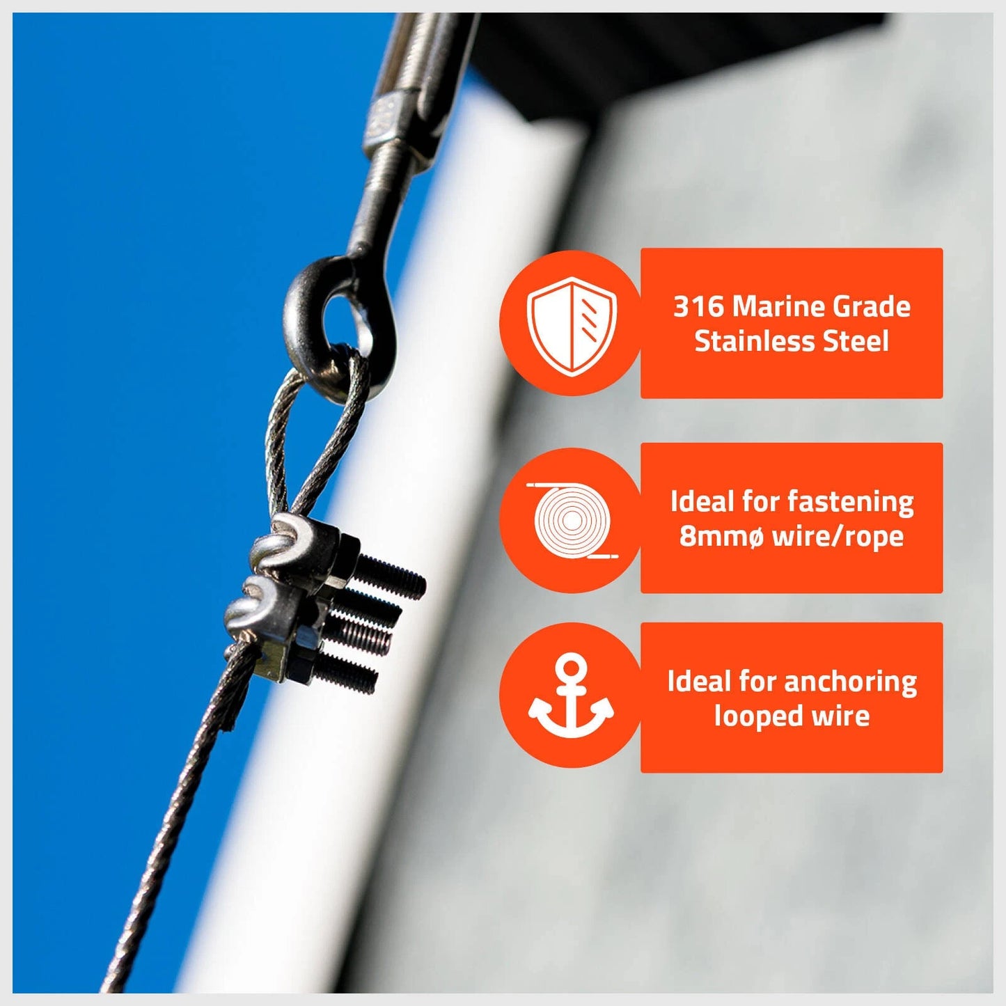 Taskmaster 8mm 316 Stainless Steel Wire Rope Grips, Anti-Corrosive, 2 Pack