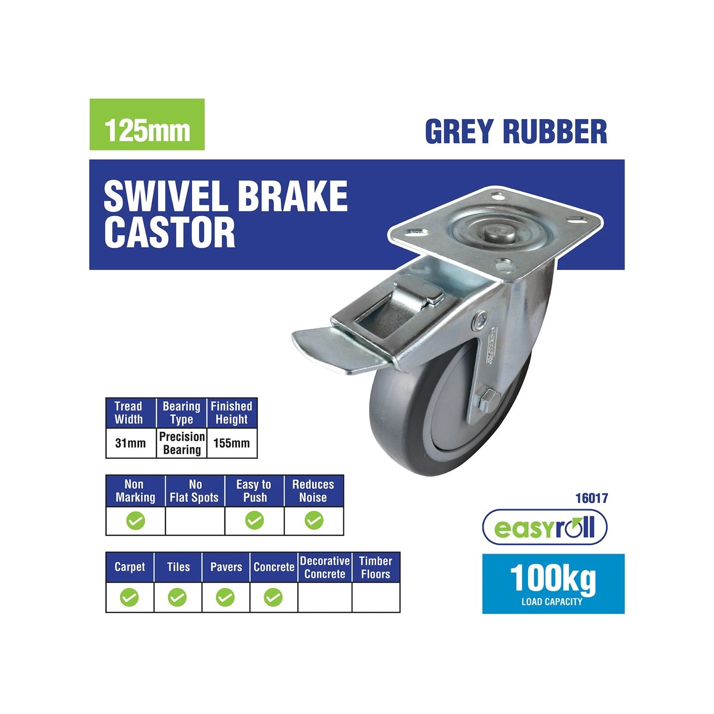 Easyroll 125mm Grey Rubber Swivel Brake Castor 100kg Heavy Duty Indoor Use