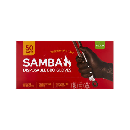 Samba Disposable BBQ Gloves 50 Pack - Medium Nitrile, FDA Approved, Micro Diamond Grip