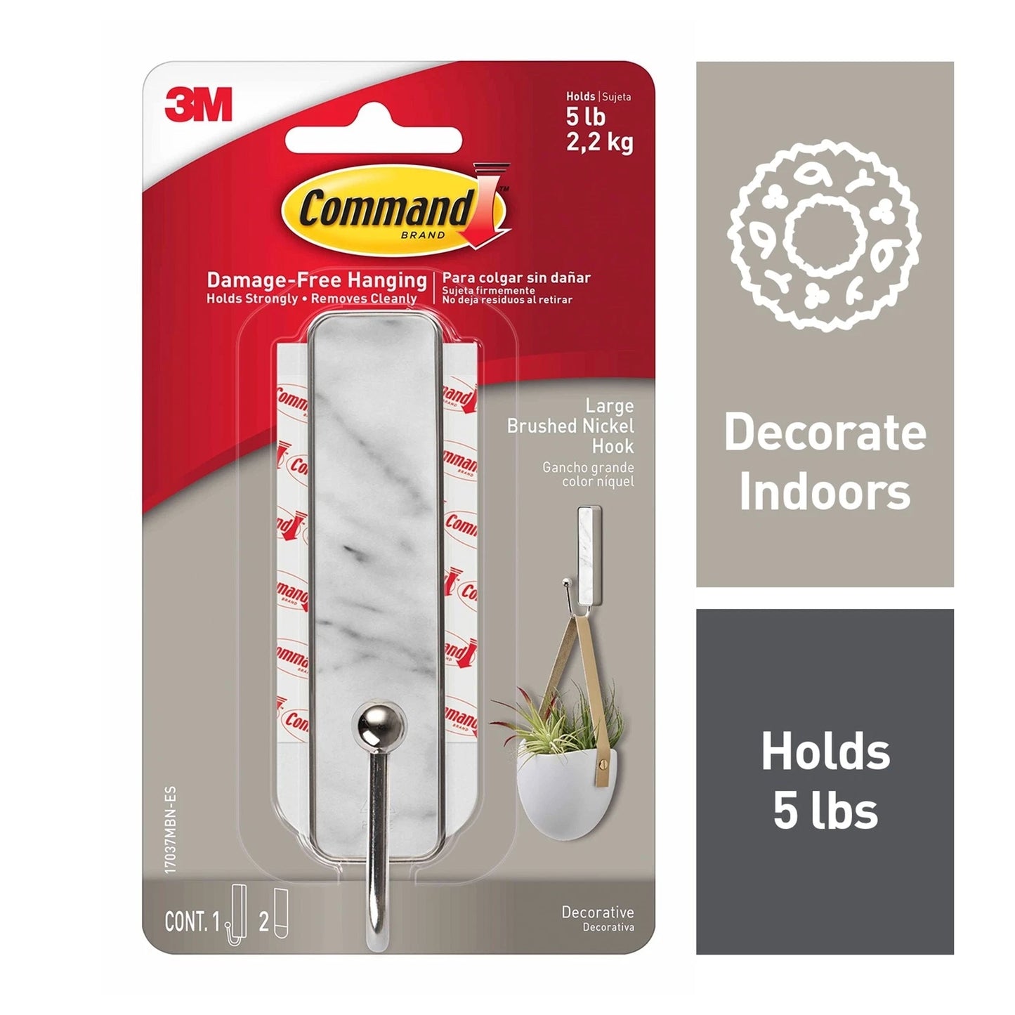 Command Large Marble Finish Adhesive Hook, Strong Hold, Damage-Free, Stylish Design