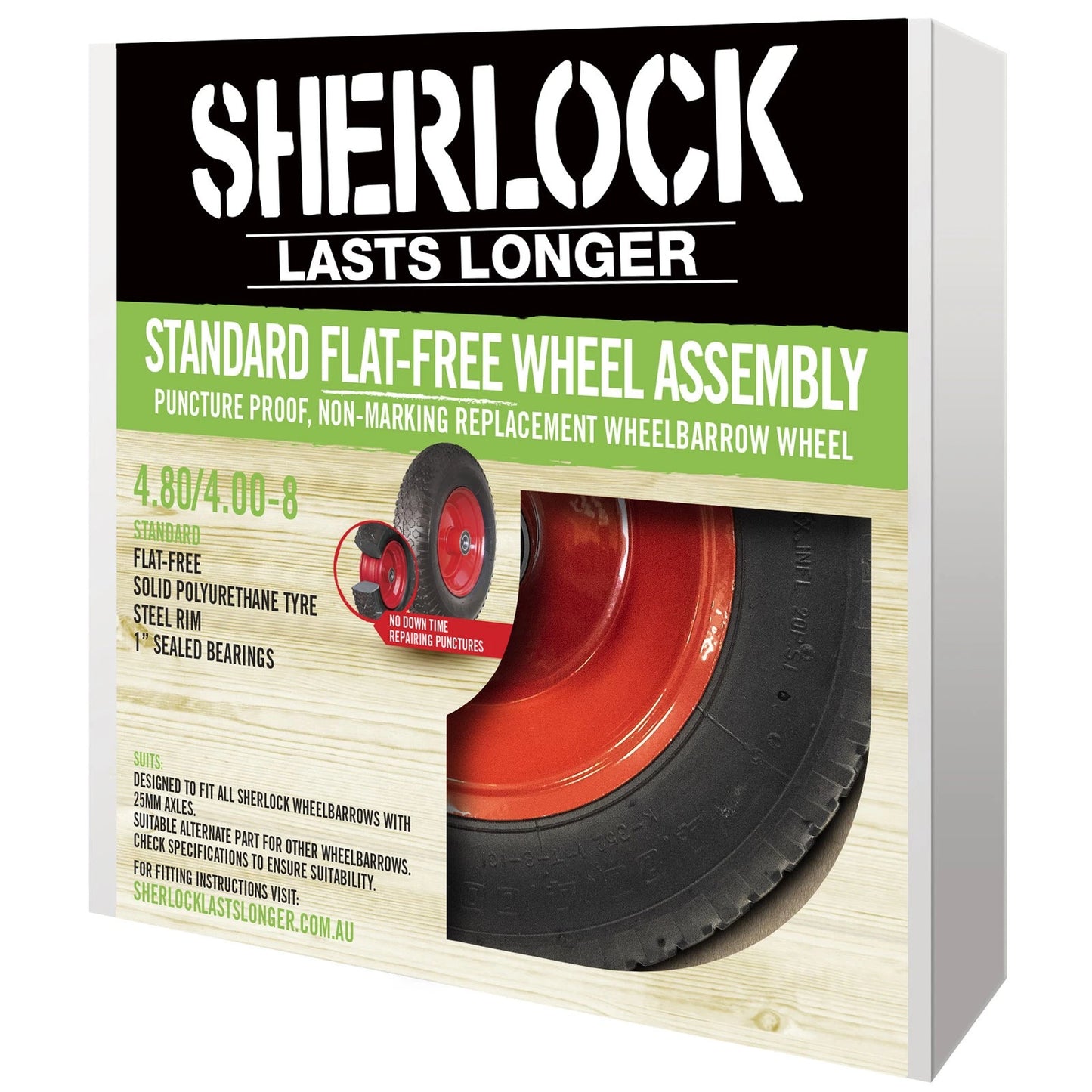 Sherlock Flat-Free Wheel Assembly 4.80/4.00-8, Polyurethane Tyre, 25mm Axle, Black