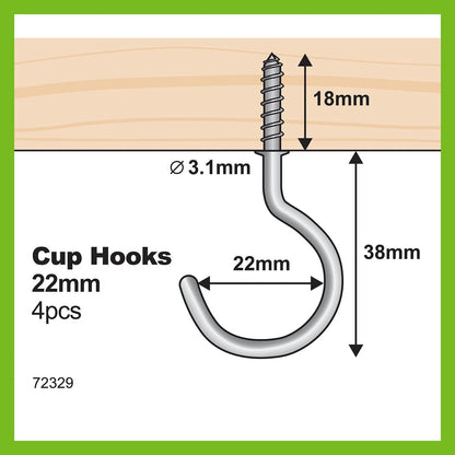 Everhang 22mm Zinc Plated Cup Hooks 4 Pack - Durable, Easy Install, Indoor/Outdoor Use