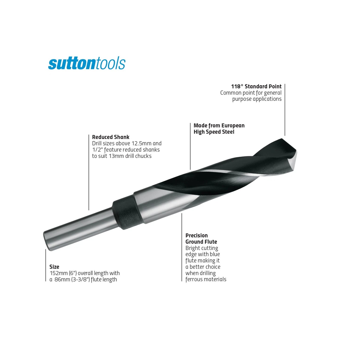 Sutton Tools 15 x 12.5mm Reduced Shank Jobber Drill Bit, M2 HSS, 118° Point, Blue Finish