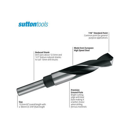 Sutton Tools 15 x 12.5mm Reduced Shank Jobber Drill Bit, M2 HSS, 118° Point, Blue Finish