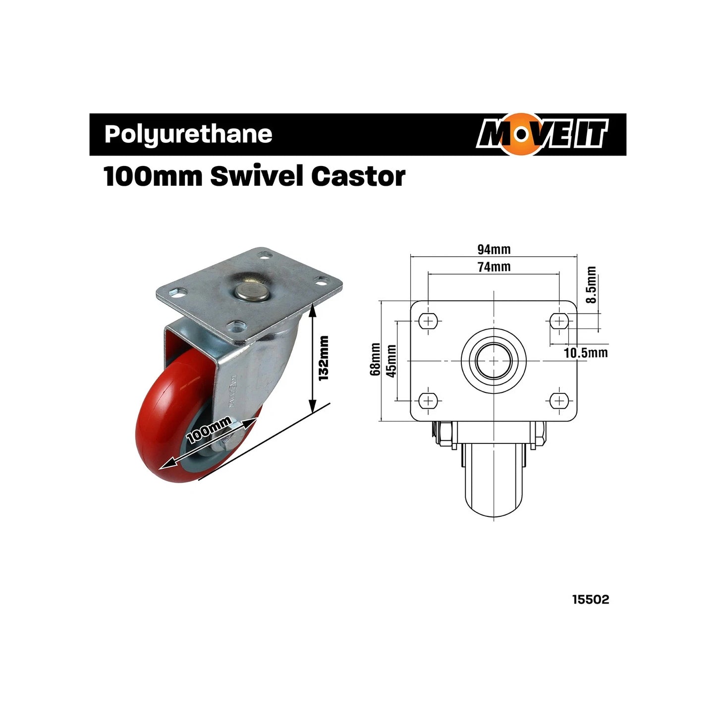 Move It 100mm Red Polyurethane Swivel Castor 150kg Load Capacity