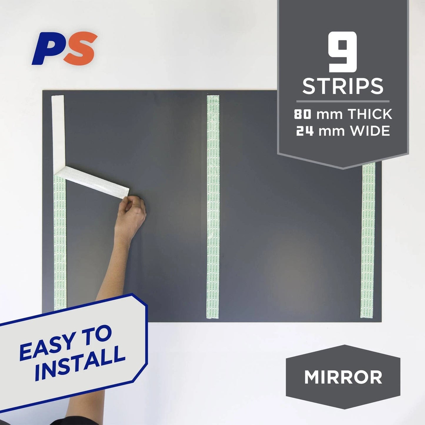 Permastik Mirror Mounting Strips 80mm x 24mm, Strong Hold, No Drilling, 9 Pack