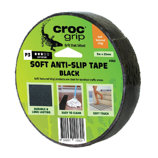 Croc Grip Black Soft Textured Tape 5m x 25mm - Indoor/Outdoor, Slip Resistant, Chemical Resistant