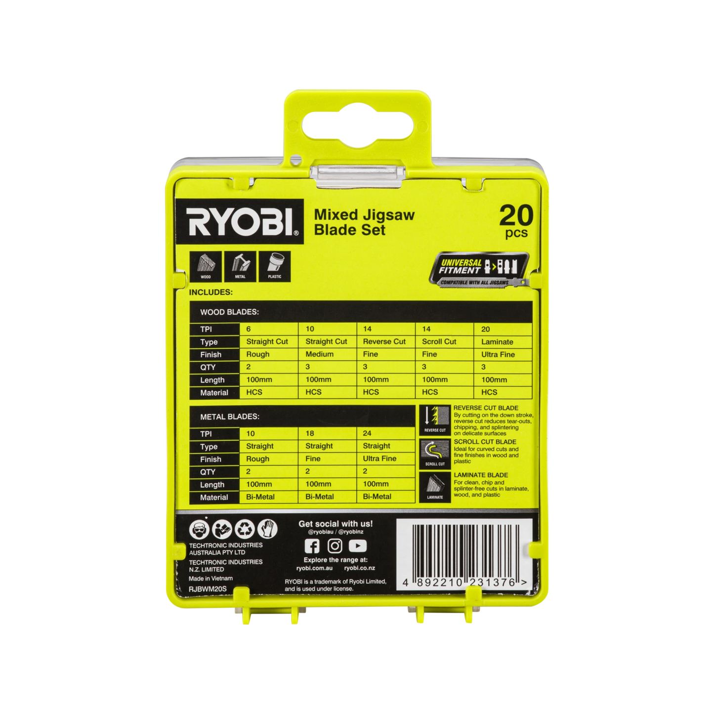 Ryobi 20 Piece Wood & Metal Jigsaw Blade Set, Universal Fit, Bi-Metal & Laminate Blades