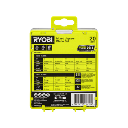 Ryobi 20 Piece Wood & Metal Jigsaw Blade Set, Universal Fit, Bi-Metal & Laminate Blades