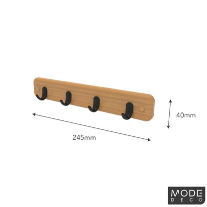 MODE 4 Bamboo Key Rack with Black Hooks - Durable, Easy Install, Stylish Design