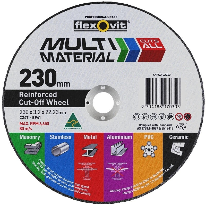 Flexovit Multi Material 230mm Reinforced Cut Off Wheel for Masonry, Steel, PVC
