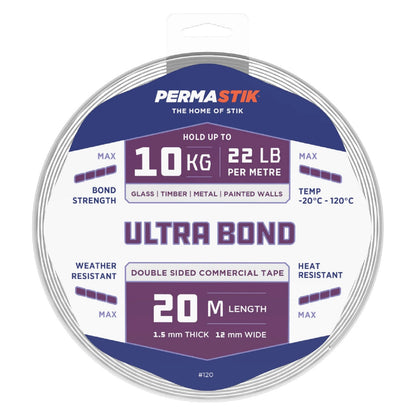 Permastik Ultra Bond 20m x 12mm Mounting Tape - High Load, Weather Resistant, Indoor/Outdoor