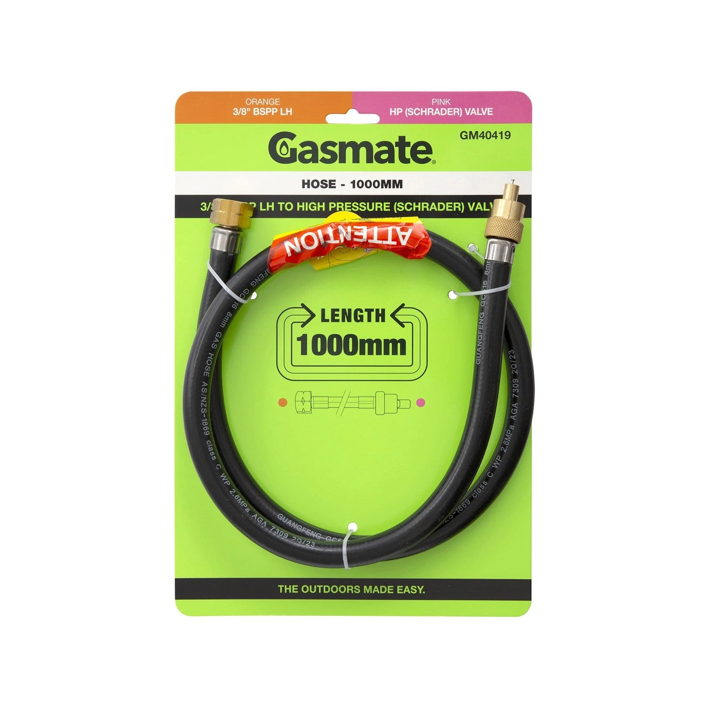 Gasmate 1000mm Hose 3/8" BSPP LH to High Pressure Schrader Valve for Camping Stoves