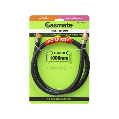 Gasmate 1000mm Hose 3/8" BSPP LH to High Pressure Schrader Valve for Camping Stoves