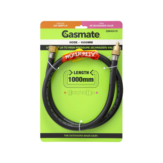 Gasmate 1000mm Hose 3/8" BSPP LH to High Pressure Schrader Valve for Camping Stoves