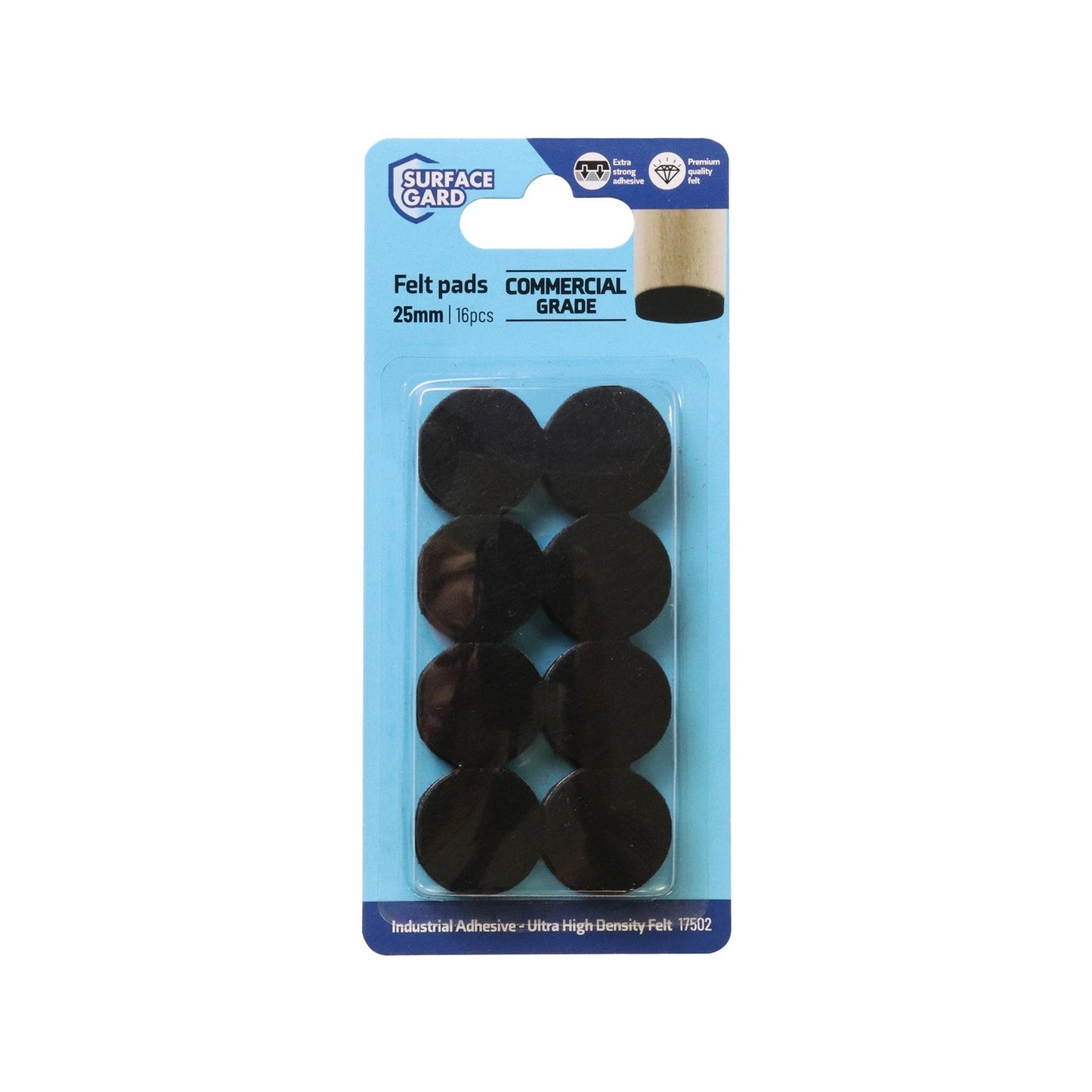 Surface Gard 25mm Black Round Felt Pads - 16 Pack, Self-Adhesive, Noise Reduction, Surface Protection