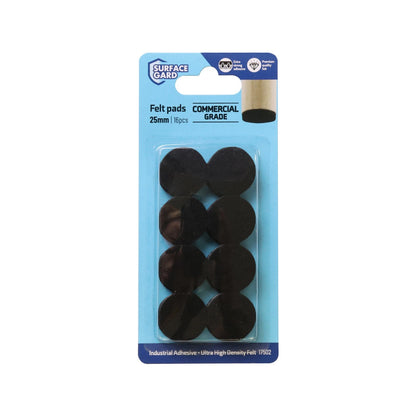 Surface Gard 25mm Black Round Felt Pads - 16 Pack, Self-Adhesive, Noise Reduction, Surface Protection