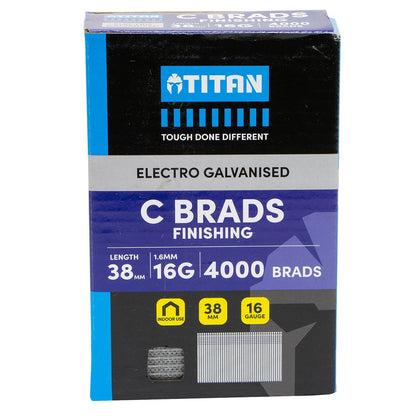 Titan 38x1.6mm Electro Galvanised Straight C Brads Nails - Pack of 4000