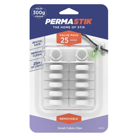 Permastik Small Cable Clips 25 Pack, No Drilling, Easy Removal, Indoor Use