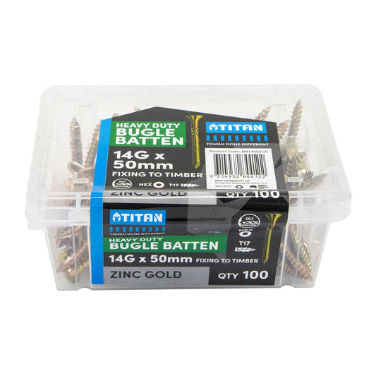 Titan 14G x 50mm Zinc Gold Bugle Batten Screws - 100 Pack, Corrosion Resistant