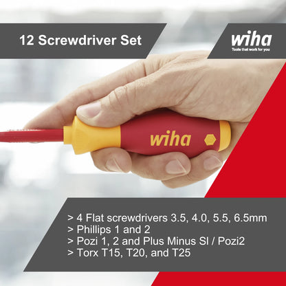 Wiha 12 Piece Insulated Screwdriver Set, SoftFinish, VDE 1000V, Slim Blades