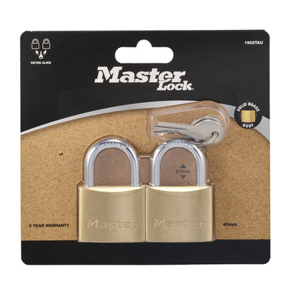 Master Lock 40mm Brass Keyed Padlock 2 Pack, Corrosion-Resistant, Dual Locking Levers