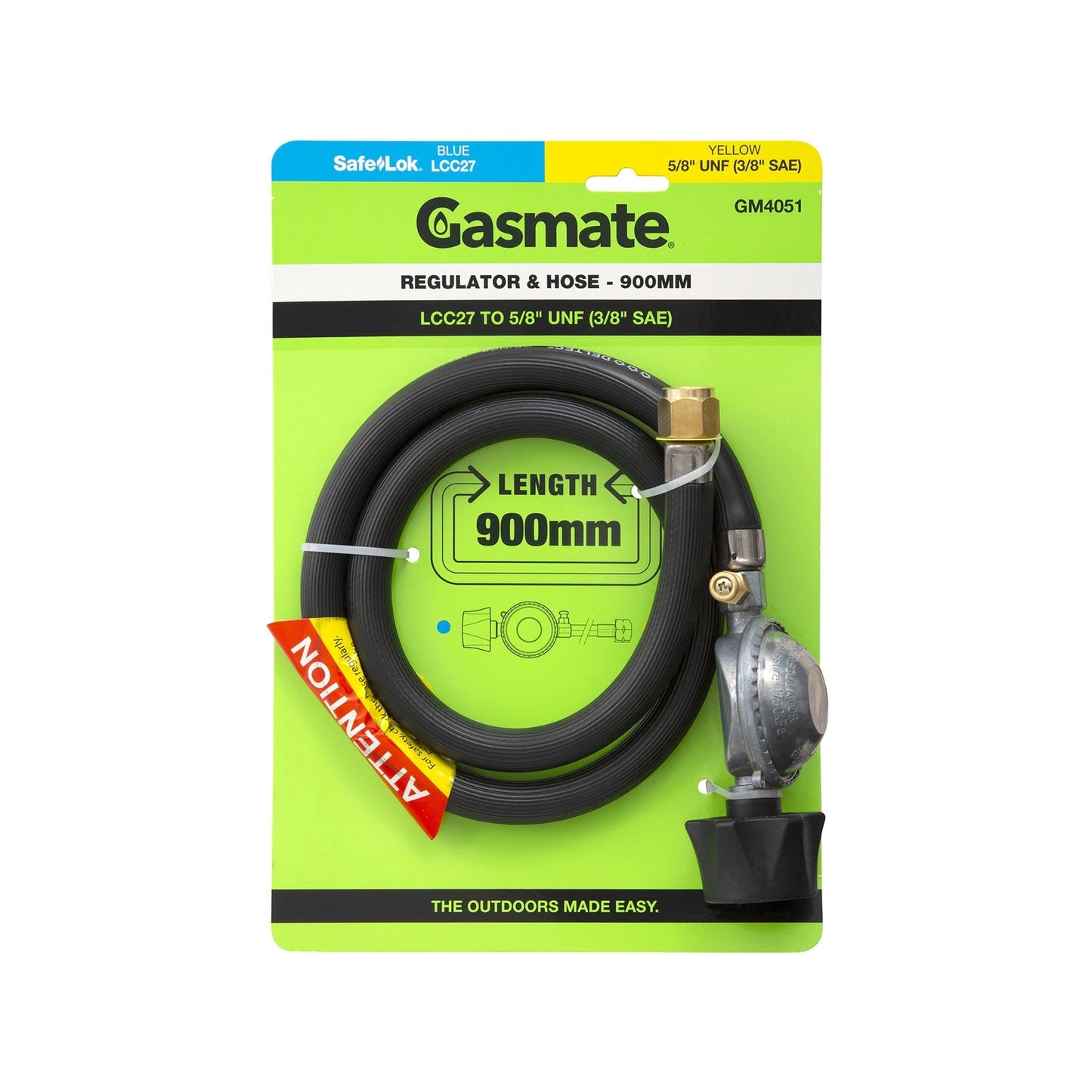 Gasmate 900mm Regulator & Hose LCC27 to 5/8" UNF for BBQ & Camping