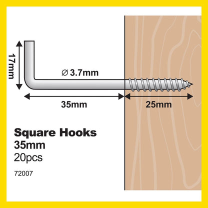 Everhang 35mm Zinc Plated Square Hook 20 Pack - Durable, Easy Install, 10kg Load