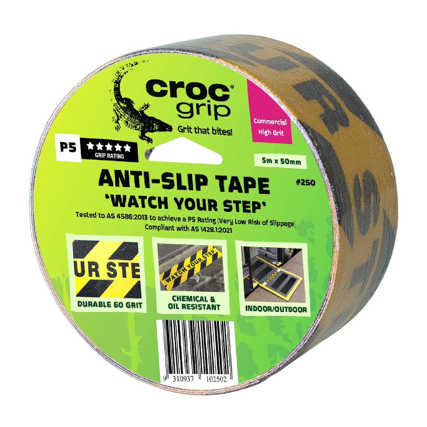 Croc Grip 5m x 50mm Yellow/Black Anti-Slip Tape, P5 Rated, Weather-Resistant, Indoor/Outdoor