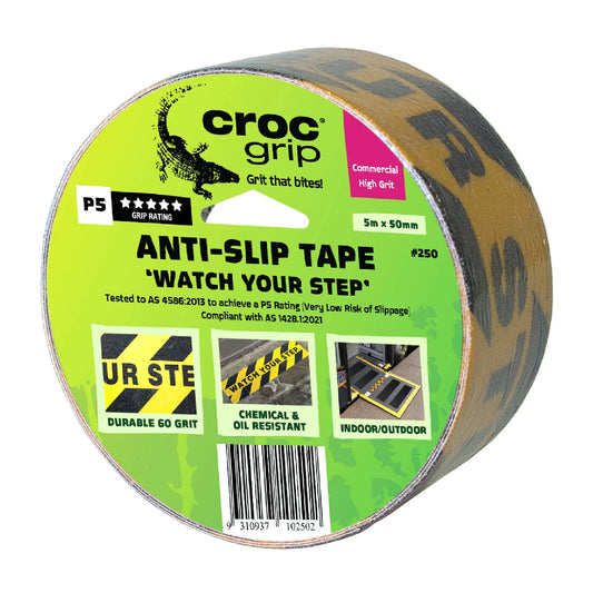 Croc Grip 5m x 50mm Yellow/Black Anti-Slip Tape, P5 Rated, Weather-Resistant, Indoor/Outdoor