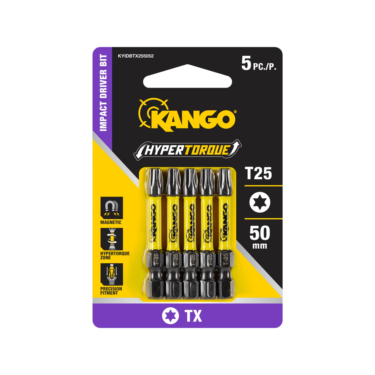 Kango HyperTorque TX25 50mm Impact Driver Bit 5 Pack - Magnetic Tip, Torsion Zone