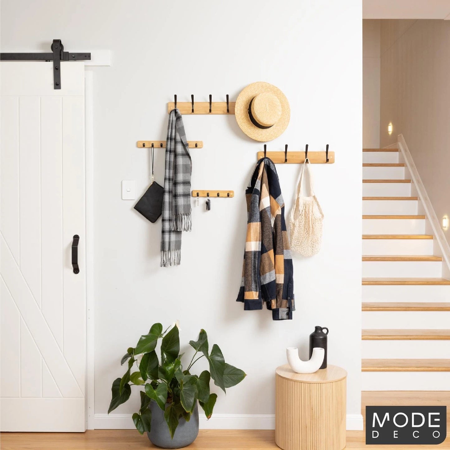 MODE 7 Bamboo Key Rack with Black Hooks, Durable & Decorative
