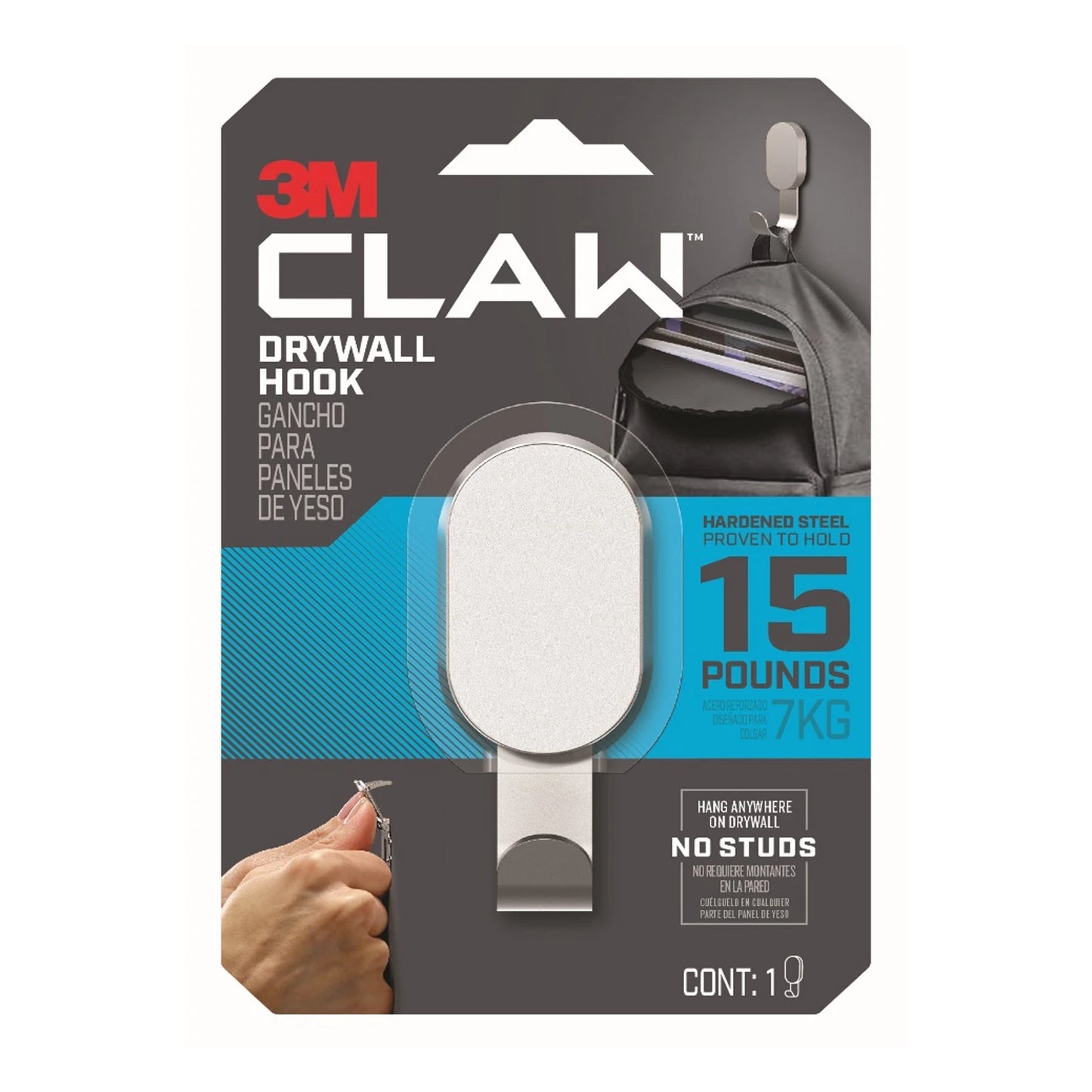 3M Silver CLAW 7kg Plasterboard Wall Hook - Heavy-Duty, Easy Install, Secure Hold