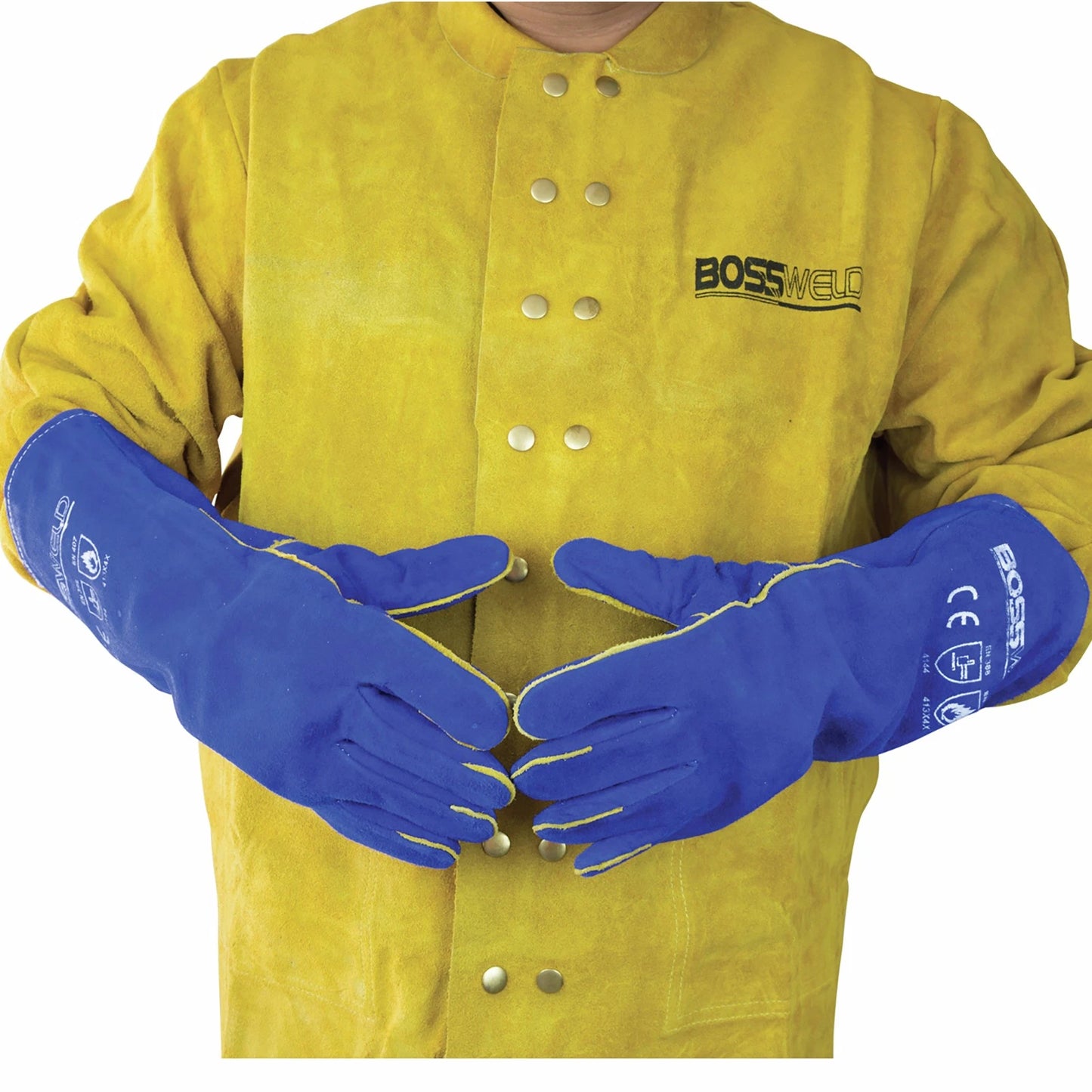 Bossweld 16" Blue Welding Gloves - Heavy Duty, Fully Lined, Extra Length, Premium Leather