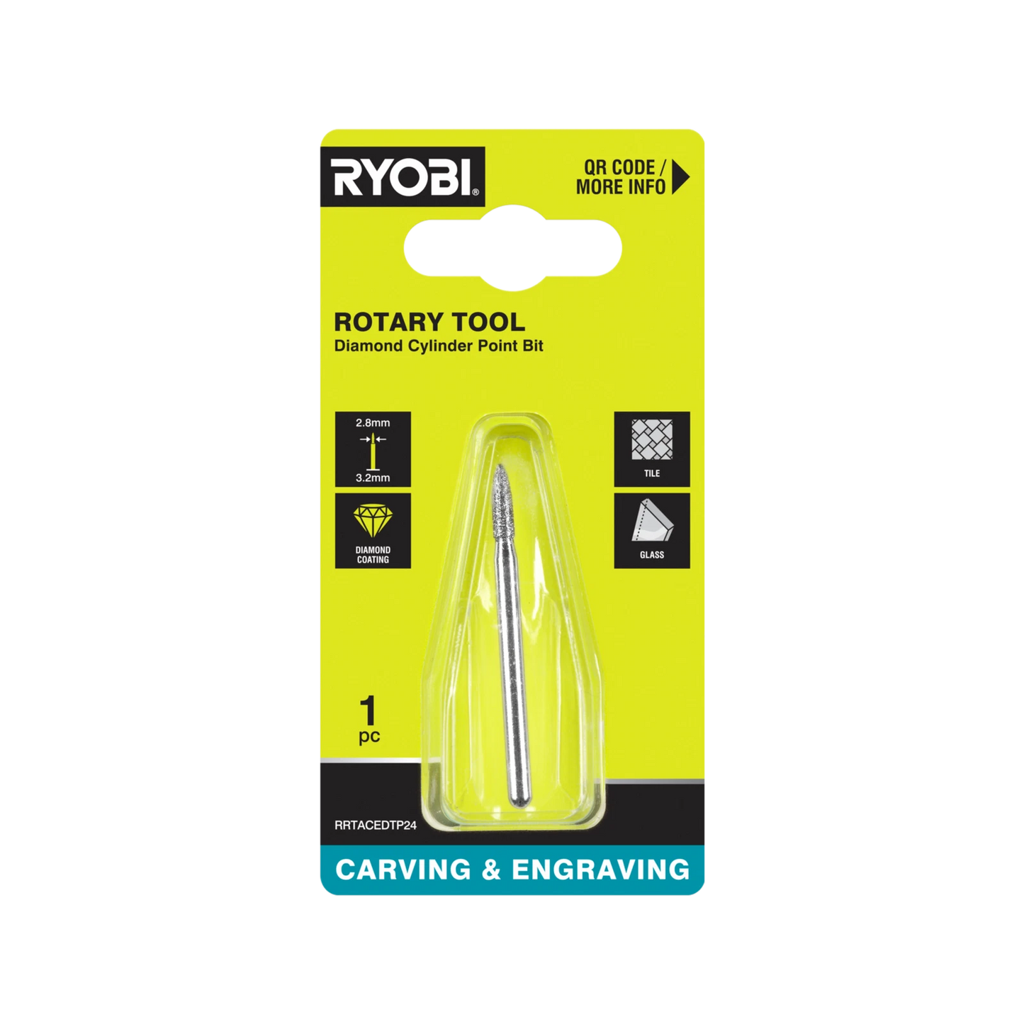 Ryobi 2.8mm Spear-Shaped Engraving Burr for Glass & Tile, Diamond Coated, 35,000 RPM